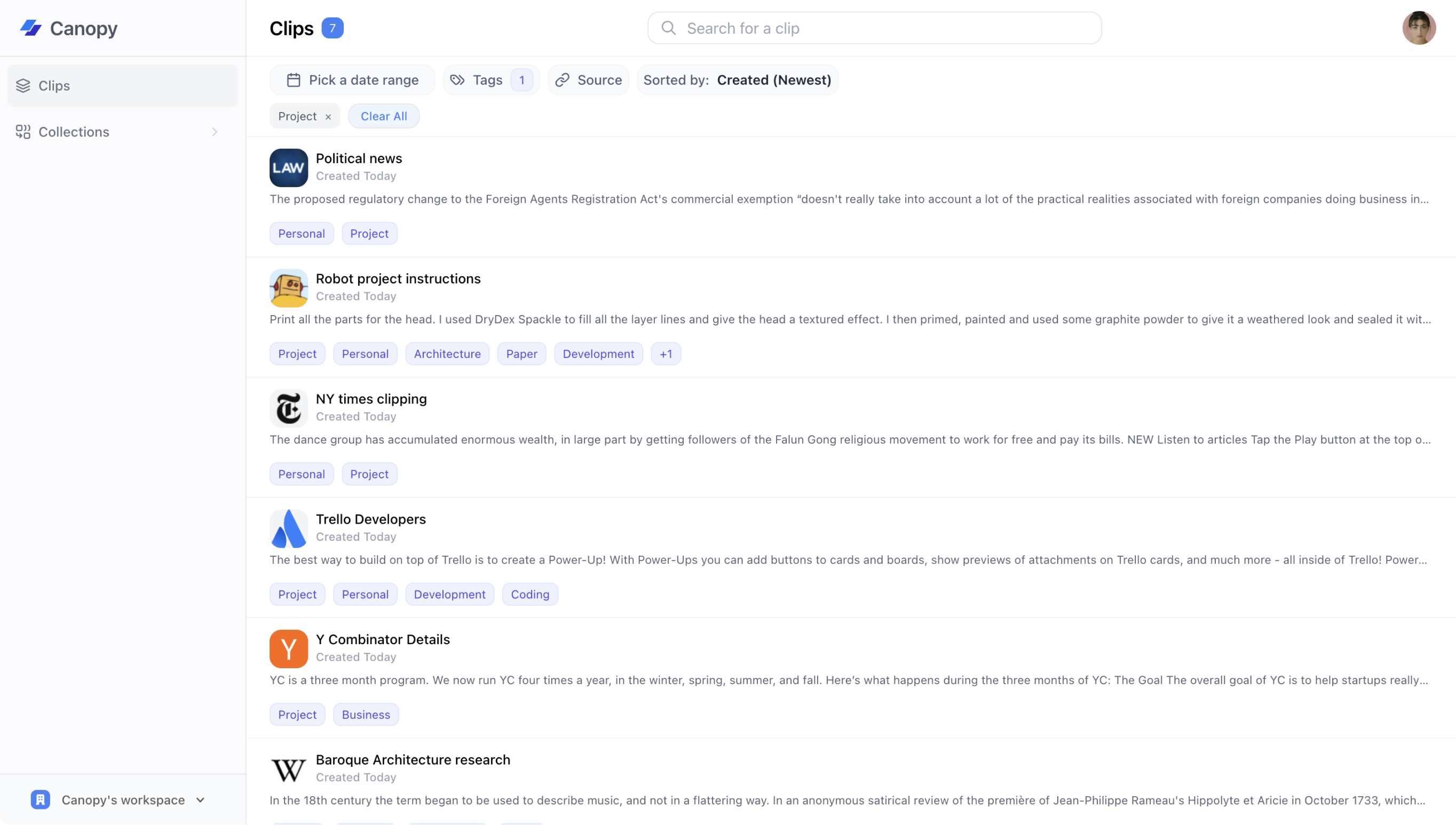 Canopy web app showcasing document management and web clippings workspace